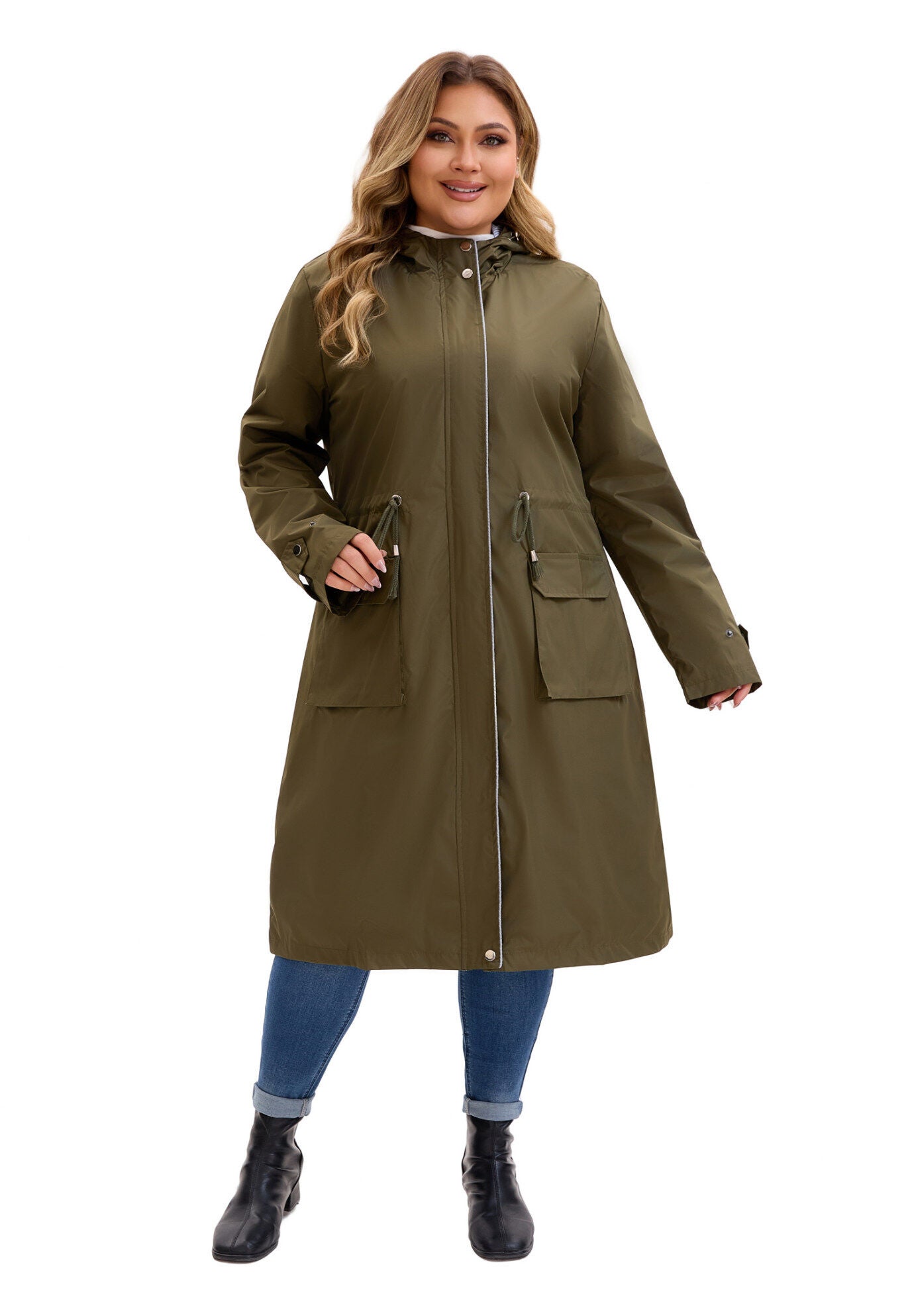 Drawstring Waist Zipper Waterproof Rain Windbreaker Jacket, Army Green / Olive Green, hi-res image number 0