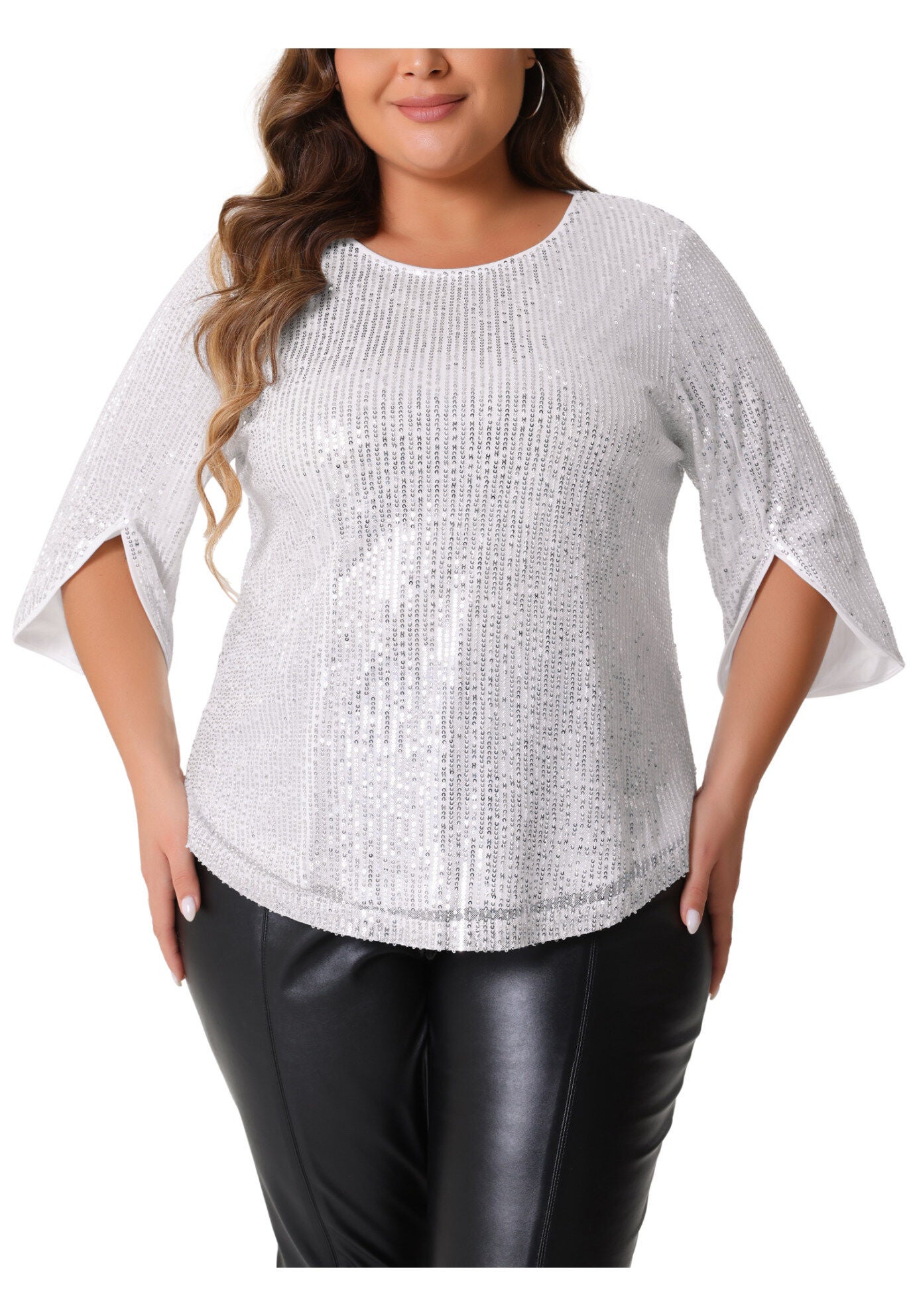 Glitter 3/4 Slit Sleeve Shimmer Sequin Blouse Top, Silver / Silver, alternate image number 1