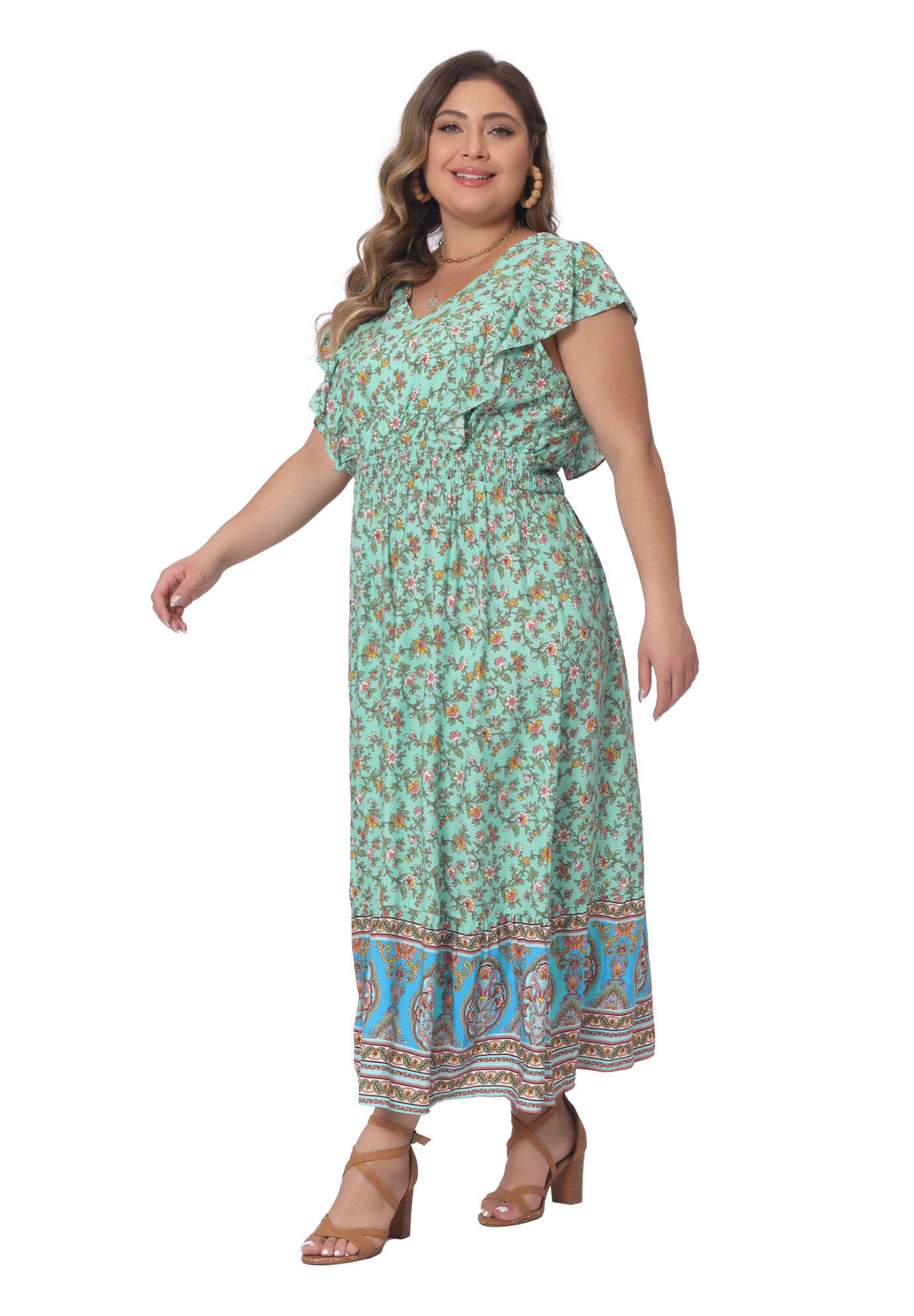 V Neck Ruffle Sleeve Boho Floral Maxi Long Dress, Mint Green / Mint, hi-res image number 0