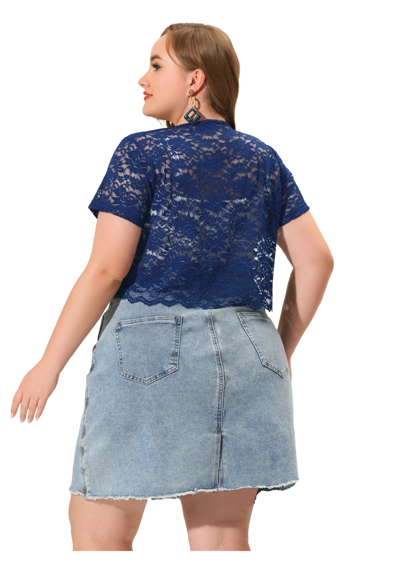 OPEN FRONT SHORT SLEEVE CROCHET LACE CROPPED BOLERO SHRUG CARDIGAN, Navy / Navy, alternate image number 3