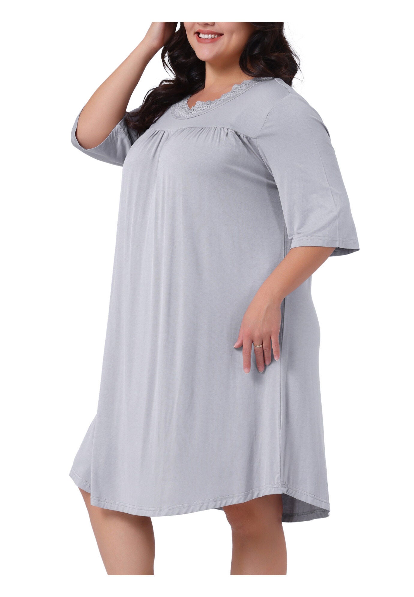3/4 Sleeve Lace Pleated V Neck Sleepwear, Light Gray / Light Grey, alternate image number 1
