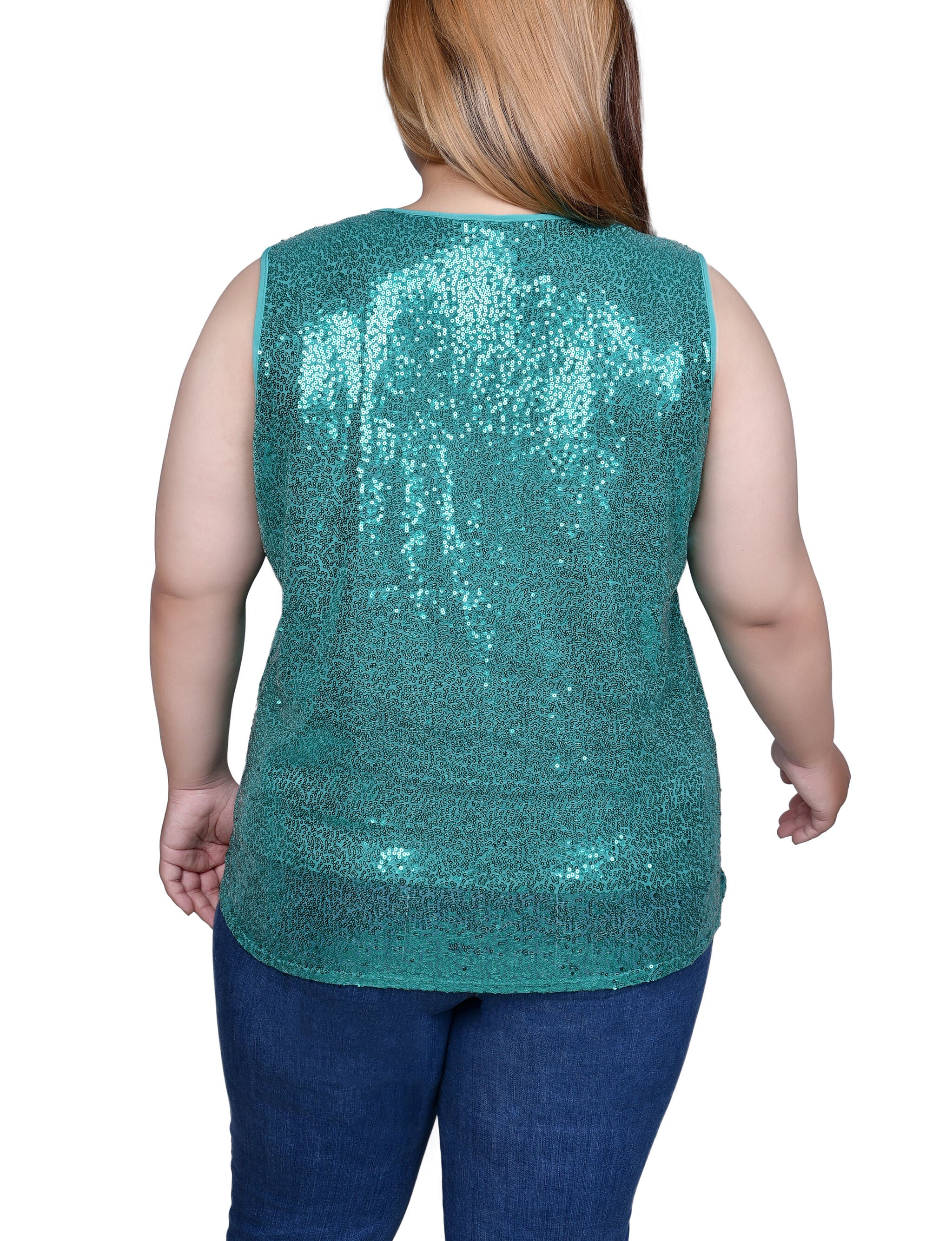 Sleeveless Sequined Tank Top With Combo Banding, Emerald, alternate image number 1