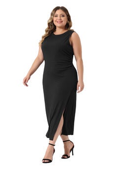 Knit Slit Tank Midi Ruched Sleeveless Bodycon Dress