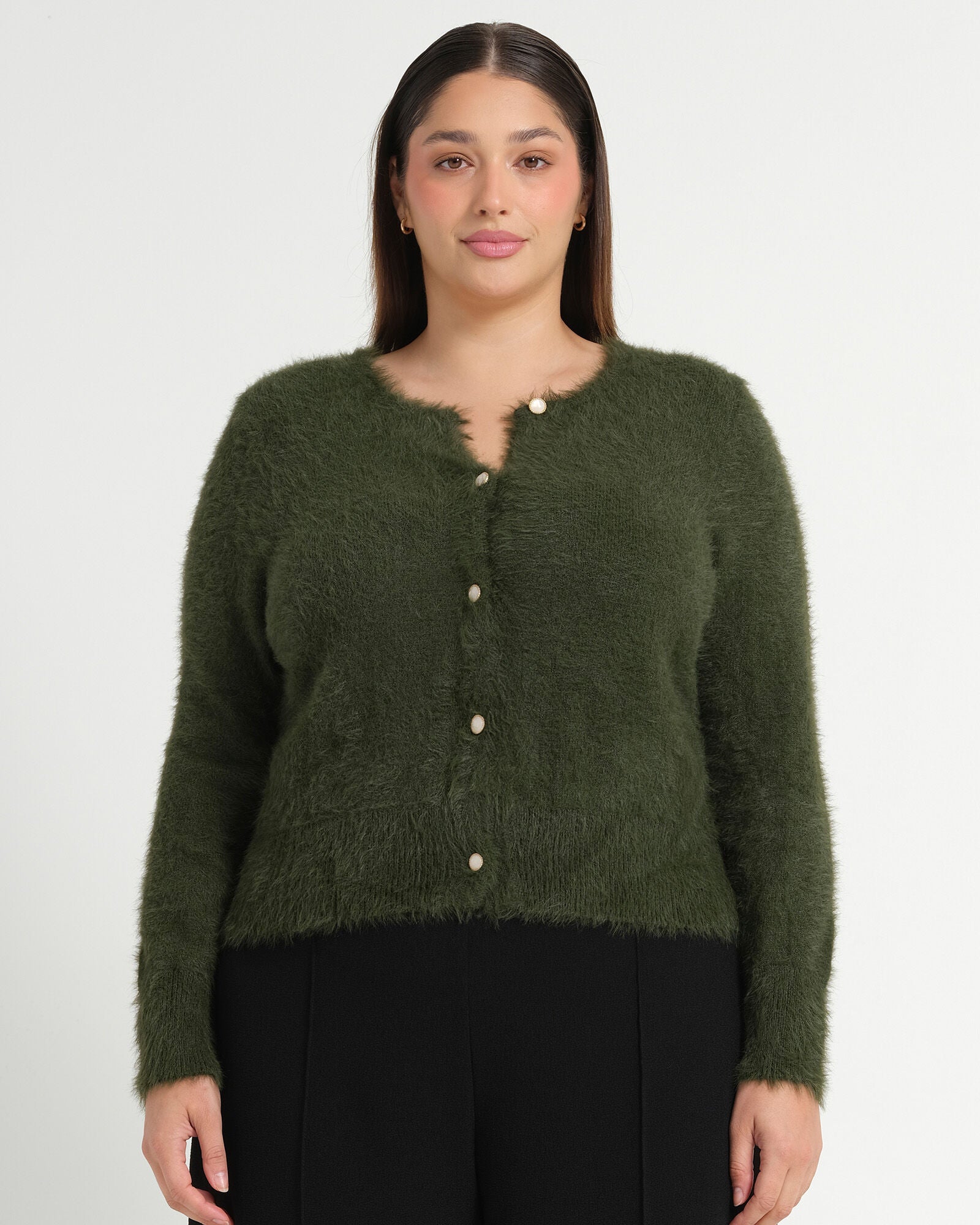 Camille Crew Neck Cardigan, Olive / Olive Green, hi-res image number 0
