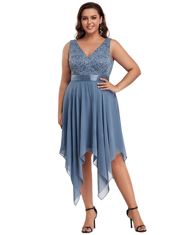 Stunning V Neck Lace Dress with Asymmetrical Hems, Dusty Navy / Dusty Blue, alternate image number 4