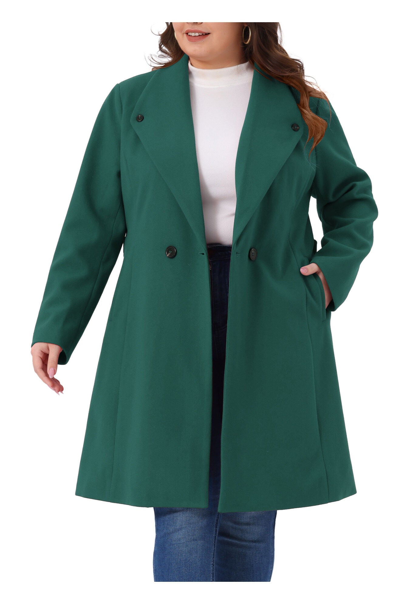 Lapel Single Breasted Belted with Pocket Trench Coats, Dark Green / Hunter Green, alternate image number 2
