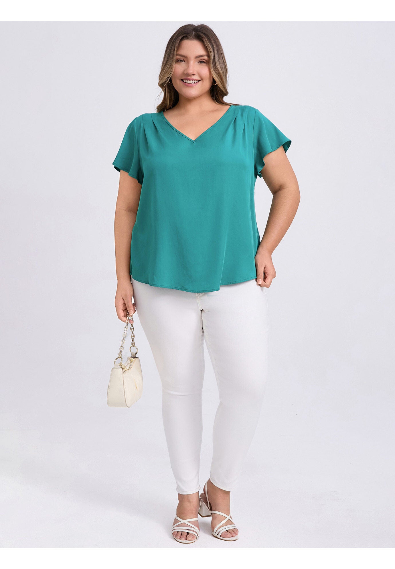 V Neck Shoulder Pleated Ruffle Short Sleeve Blouse, Lake Blue / Azure Blue, alternate image number 1