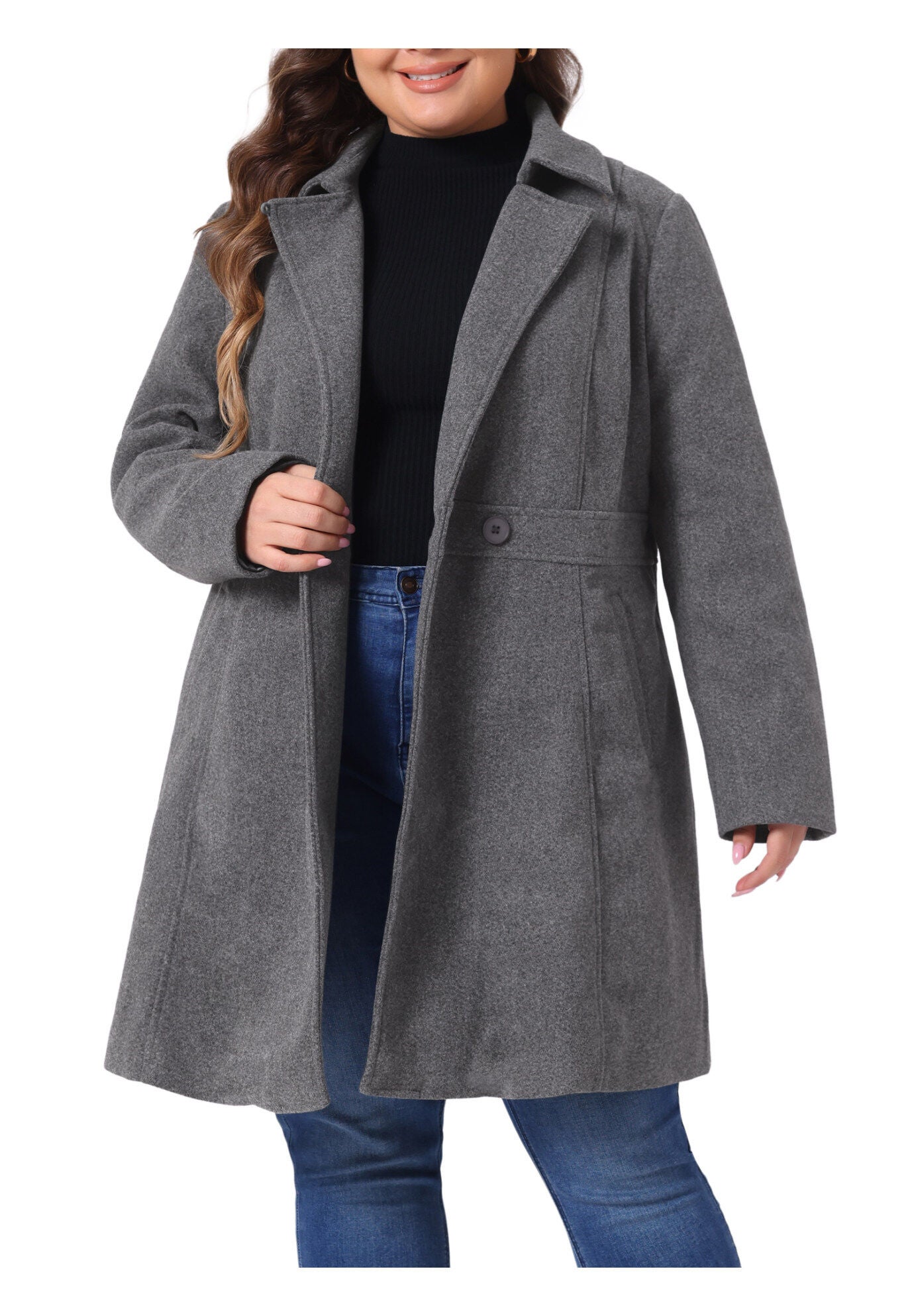 WINTER NOTCHED LAPEL SINGLE BREASTED LONG COAT, Dark Gray / Charcoal Grey, alternate image number 2