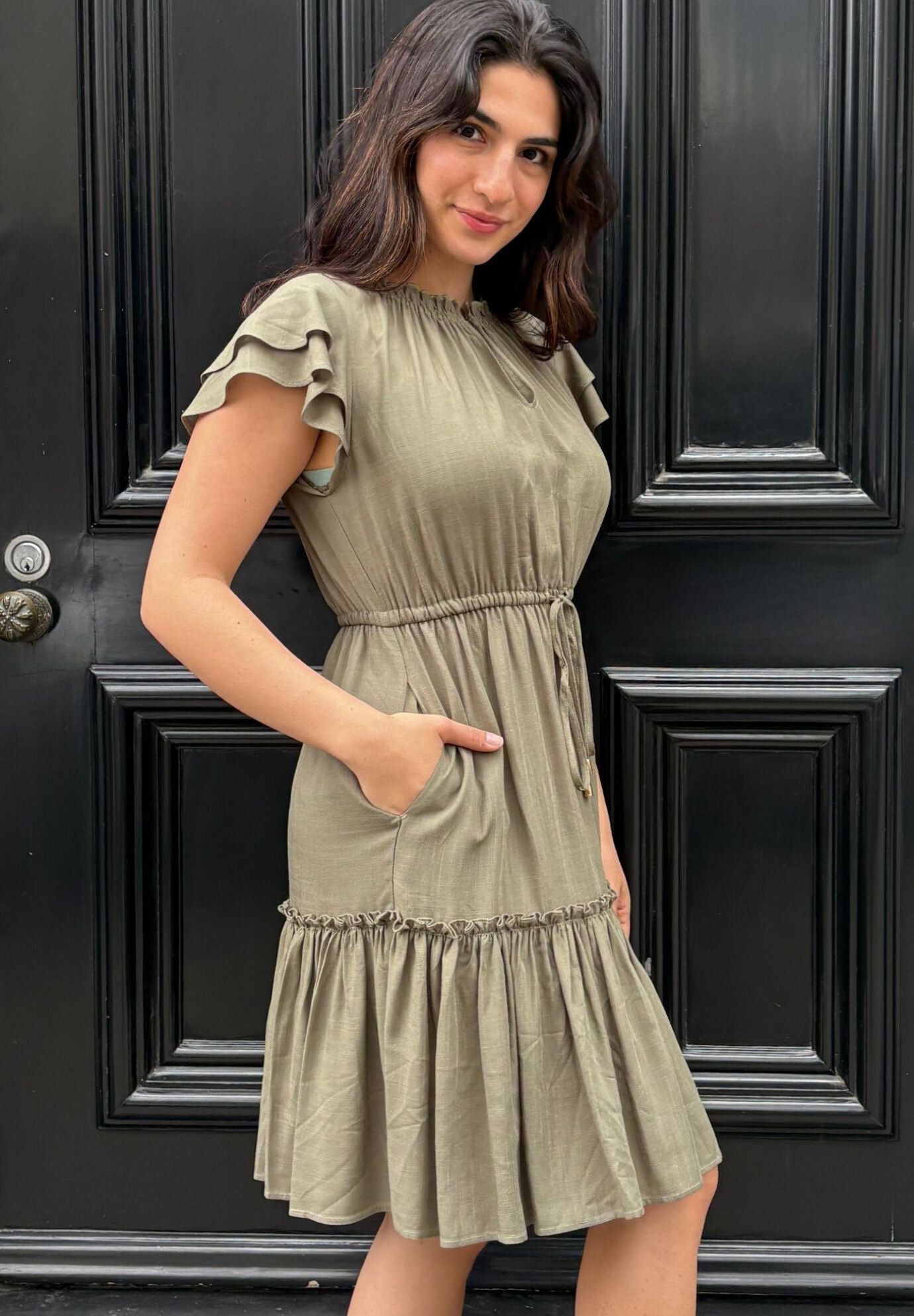 Annick- Mireille Short Dress Frilled Sleeves Tiered Tie Waist, Khaki / Olive Green, alternate image number 1