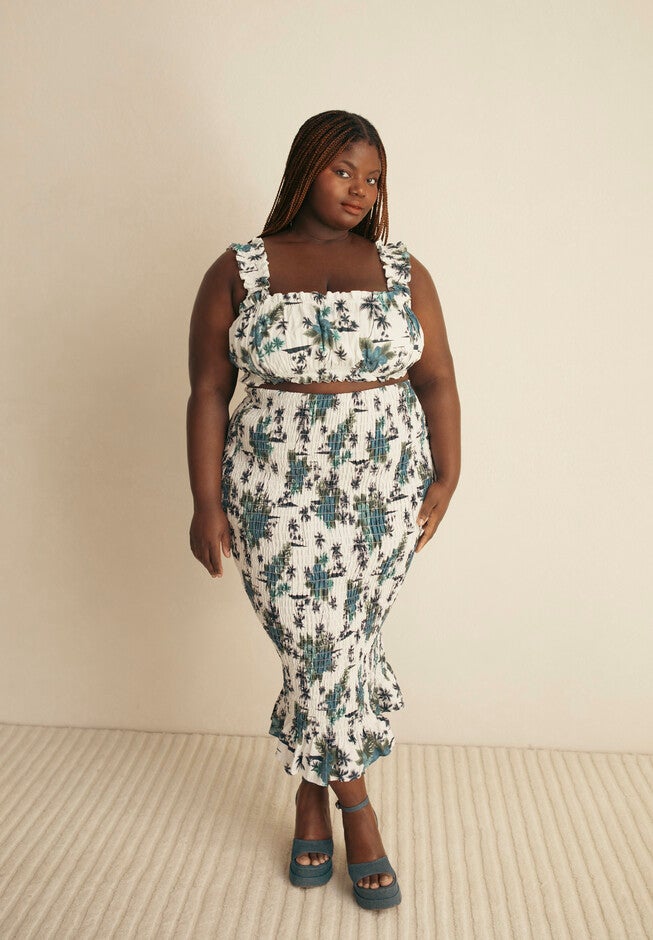 Ruched Floral Midi Skirt, White / White, hi-res image number 0