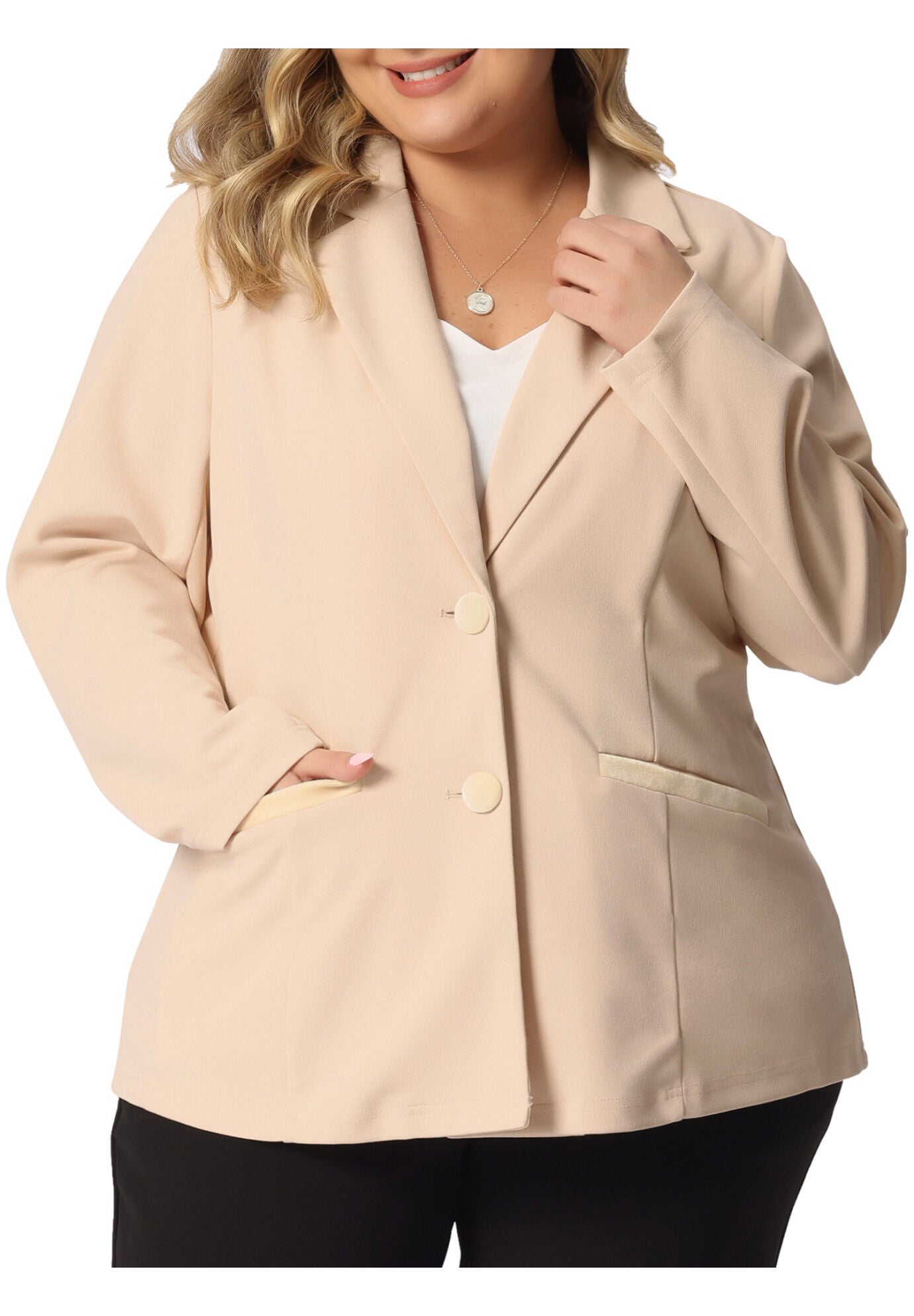 NOTCHED LAPEL V NECK WORK SUIT BLAZER, Apricot / Cream, alternate image number 1