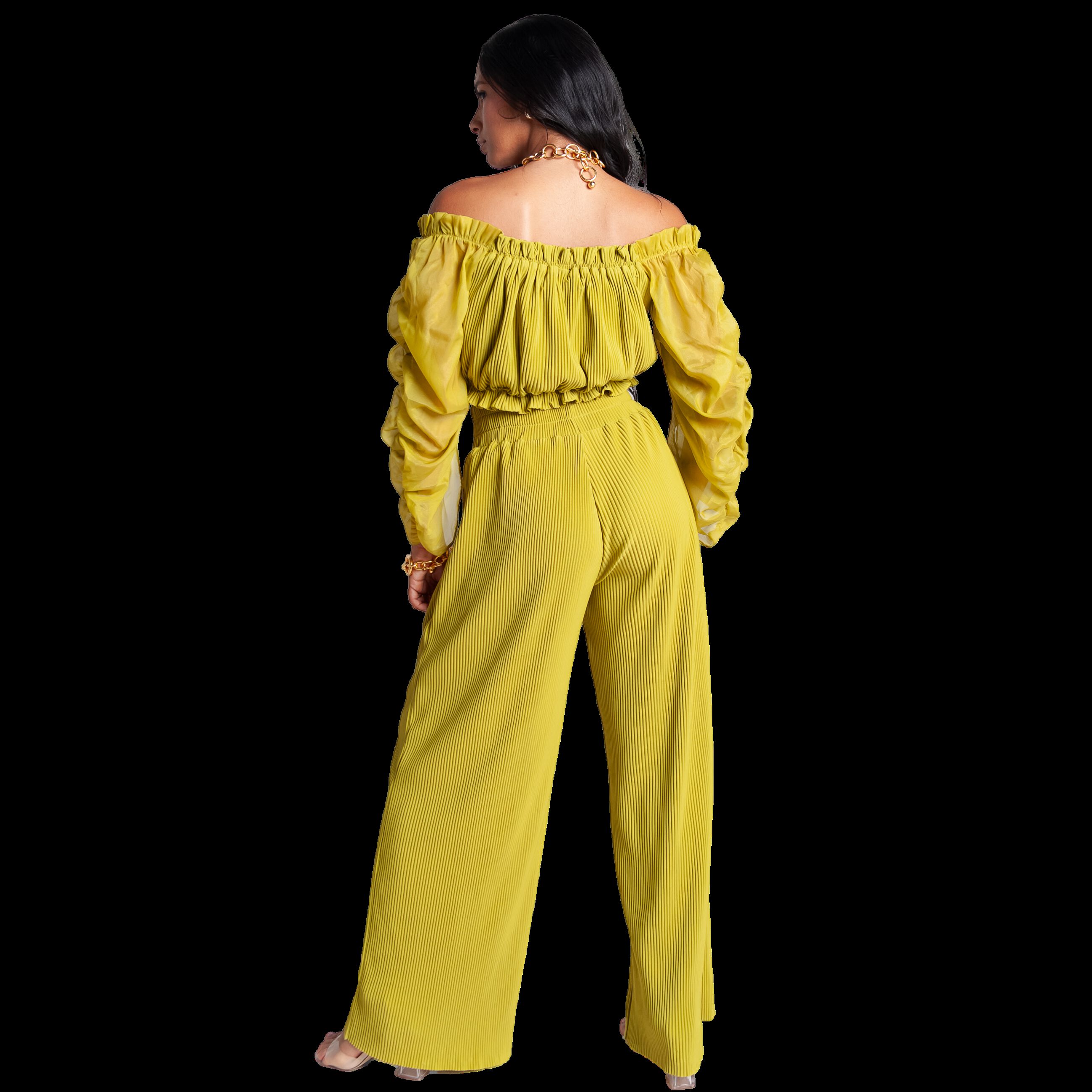 High Waisted Pleated Wide Leg Pants, Lime / Light Green, alternate image number 3