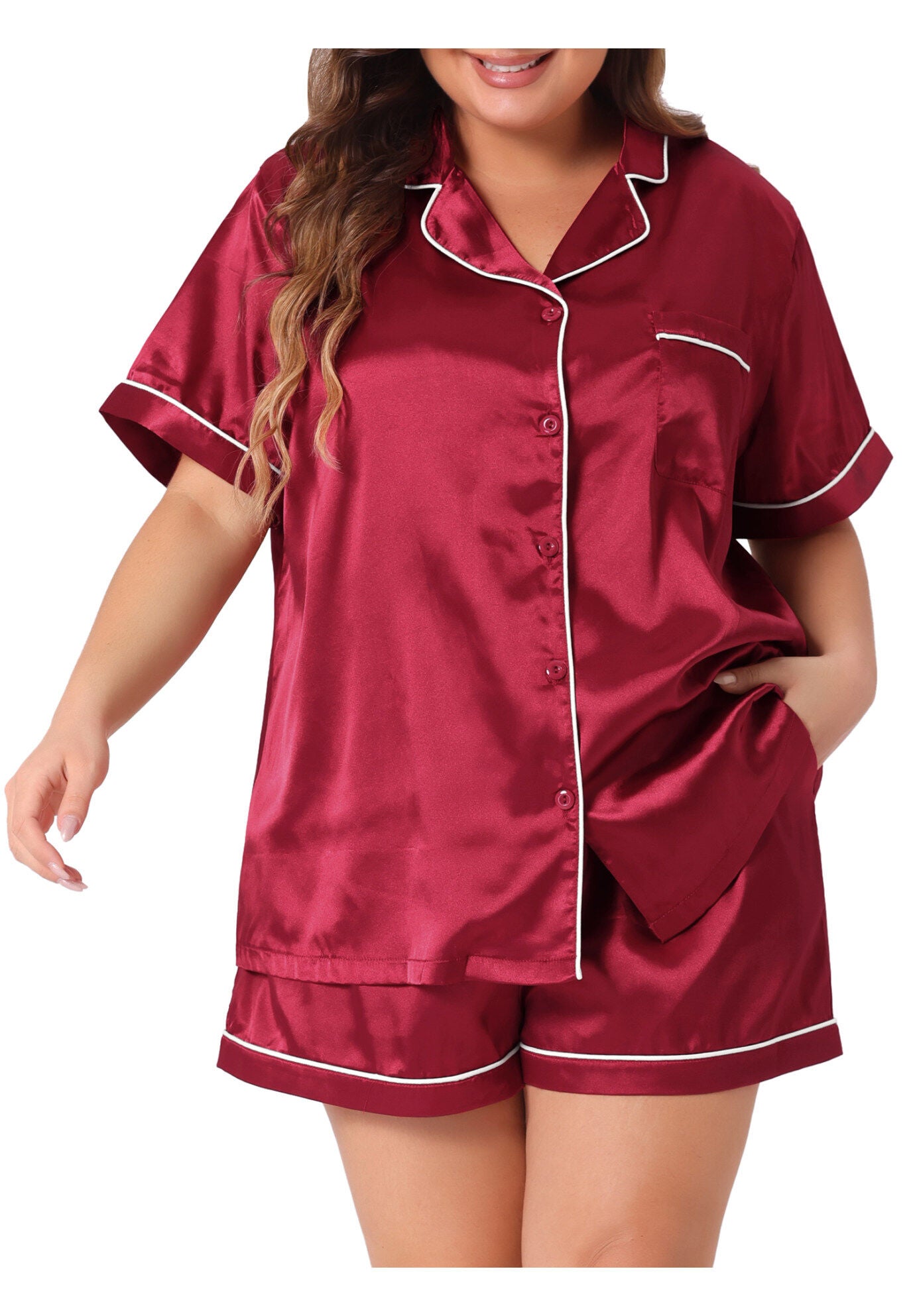 Satin Button Down Top Shorts Lounge Sets with Pocket, Burgundy / Burgundy, alternate image number 2