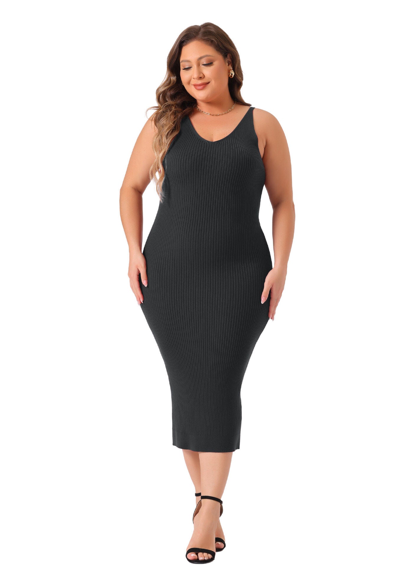 Sleeveless V Neck Ribbed Knit Bodycon Midi Sweater Cami Dress, Black / Black, hi-res image number 0