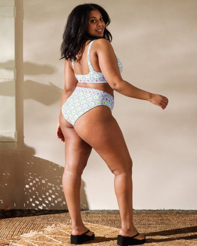 Capri Citrus Mosaic Recycled High-Waisted Bikini Bottom, Multi / Light Blue, alternate image number null