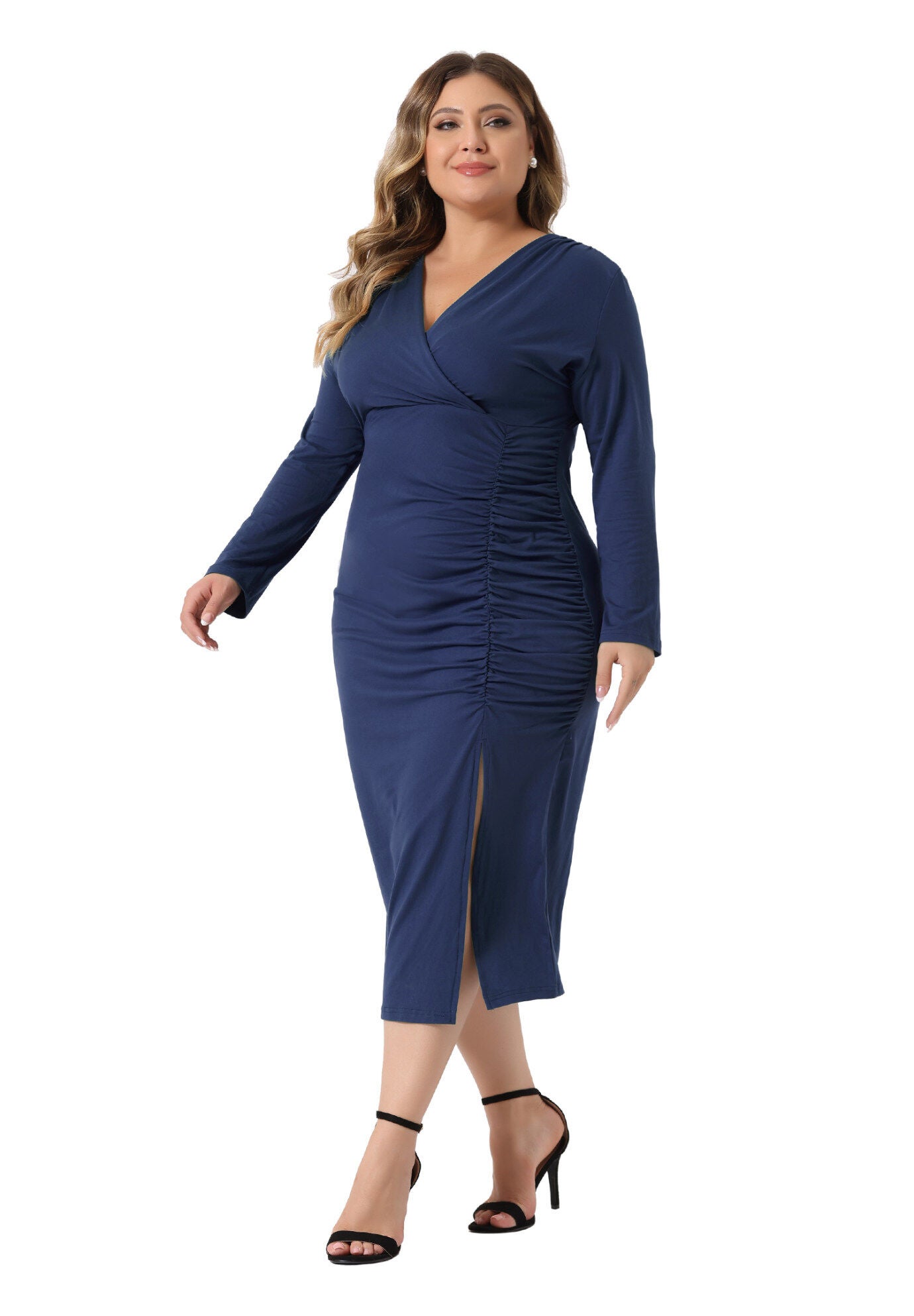 Long Sleeve Deep V Neck Ruched Slit Wedding Cocktail Bodycon Dress, Navy Blue / Navy, hi-res image number 0