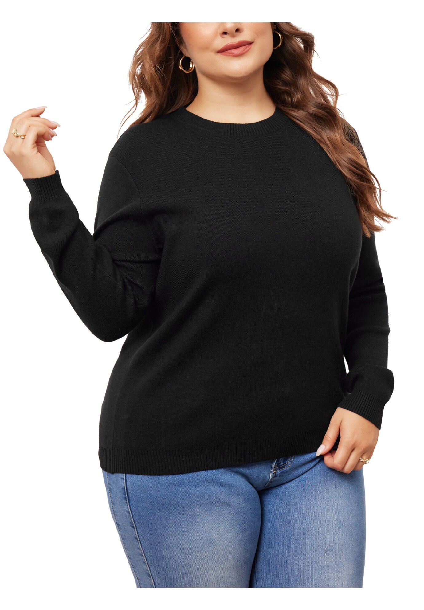 Long Sleeve Crewneck Knit Sweater Tee Top, Black / Black, alternate image number 1