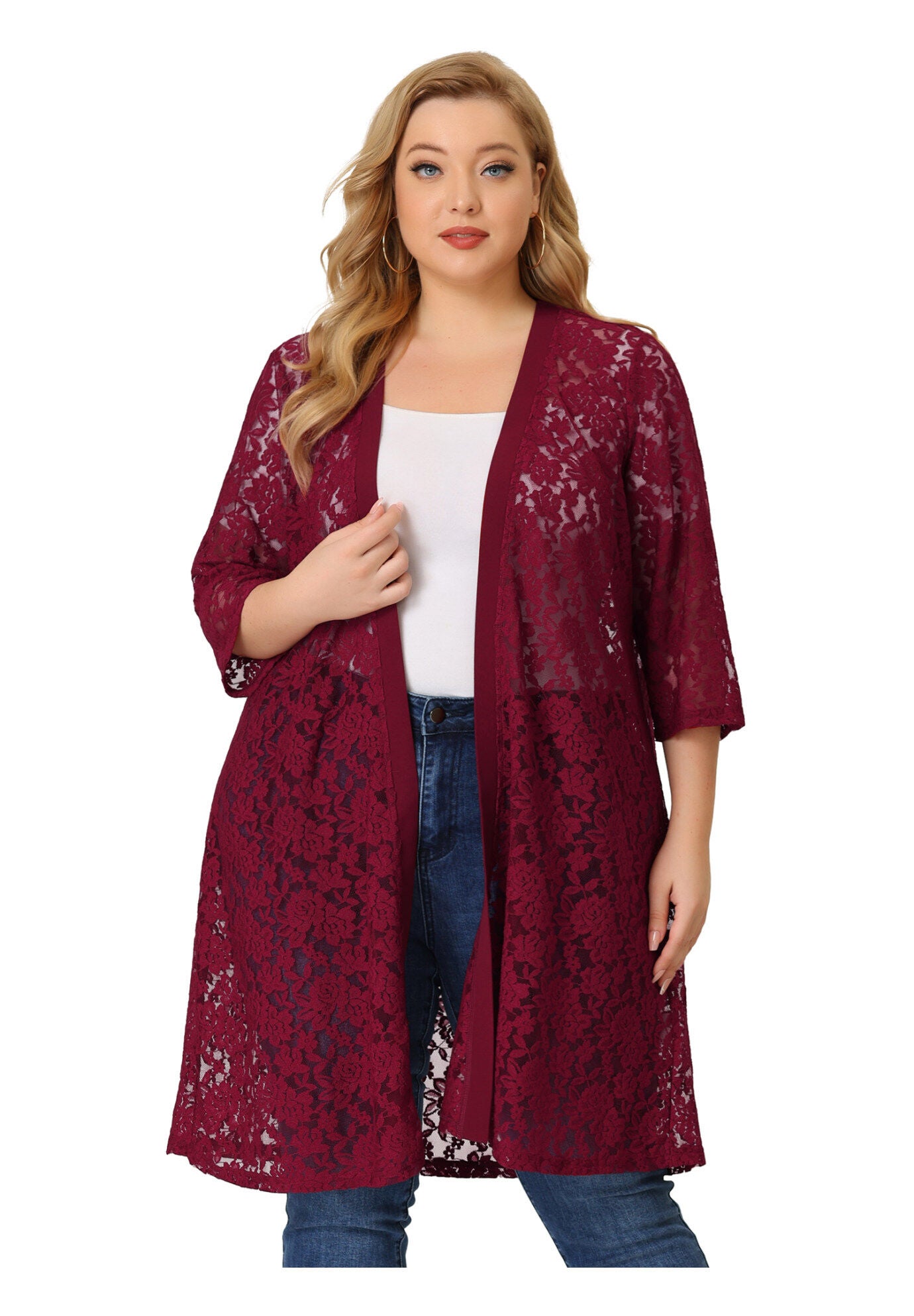 LACE CROCHET 3/4 SLEEVE COVER UP CARDIGAN, Burgundy / Red, alternate image number 1