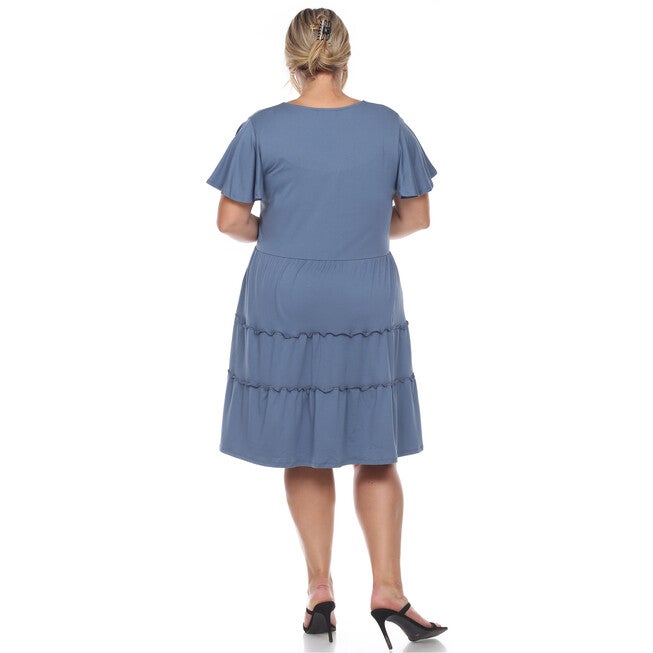Short Sleeve V-neck Tiered Midi Dress, Blue / Light Blue, alternate image number 1