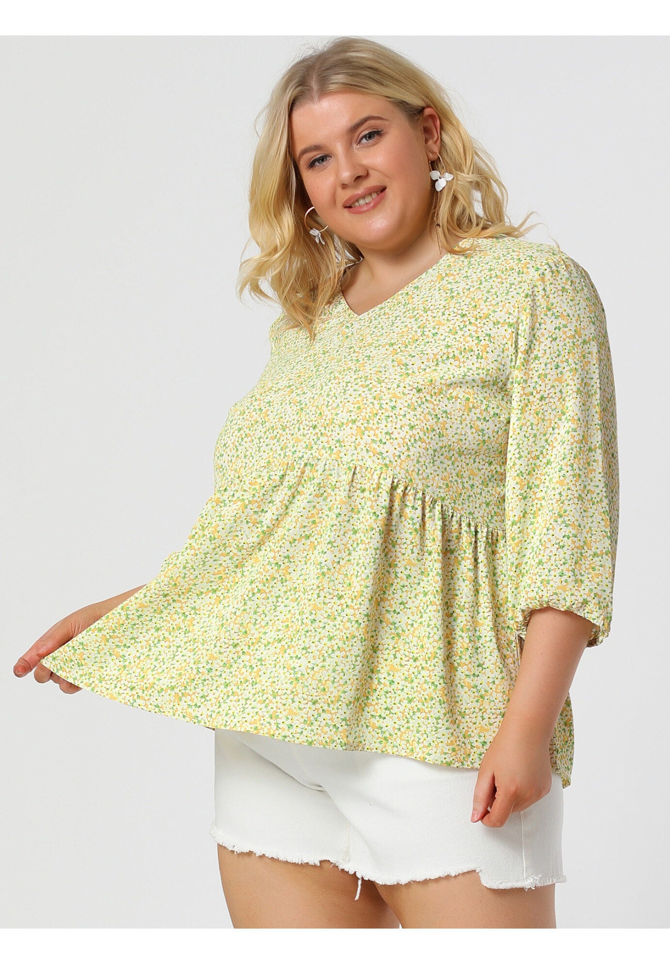 V Neck Babydoll Flowy 3/4 Lantern Sleeve Floral Blouse, Light Yellow / Light Yellow, alternate image number 4