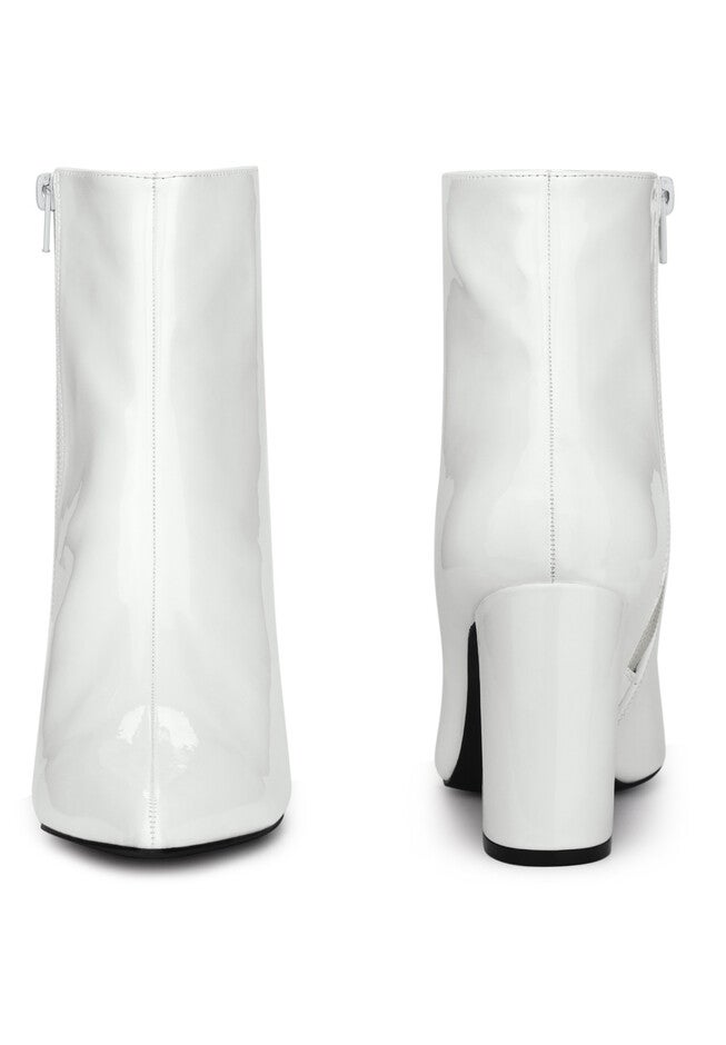 Pointed Toe Side Zip Chunky Heel Patent Ankle Boots, White / White, alternate image number 1