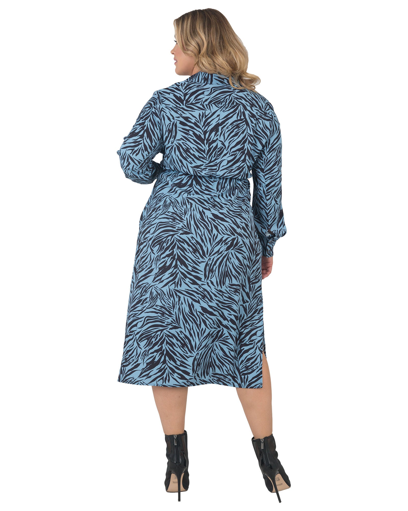 Plus Size Shoshanna Tie-Front Long Sleeve Midi Shirt Dress, Zebra Fever / Azure Blue, alternate image number 3