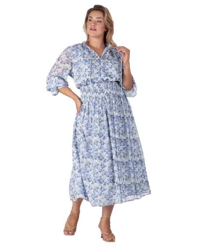 Revia Women's Plus Size Floral Print Long Ruffle Sleeve Maxi Dress, Blue White Print / Dusty Blue, alternate image number 1