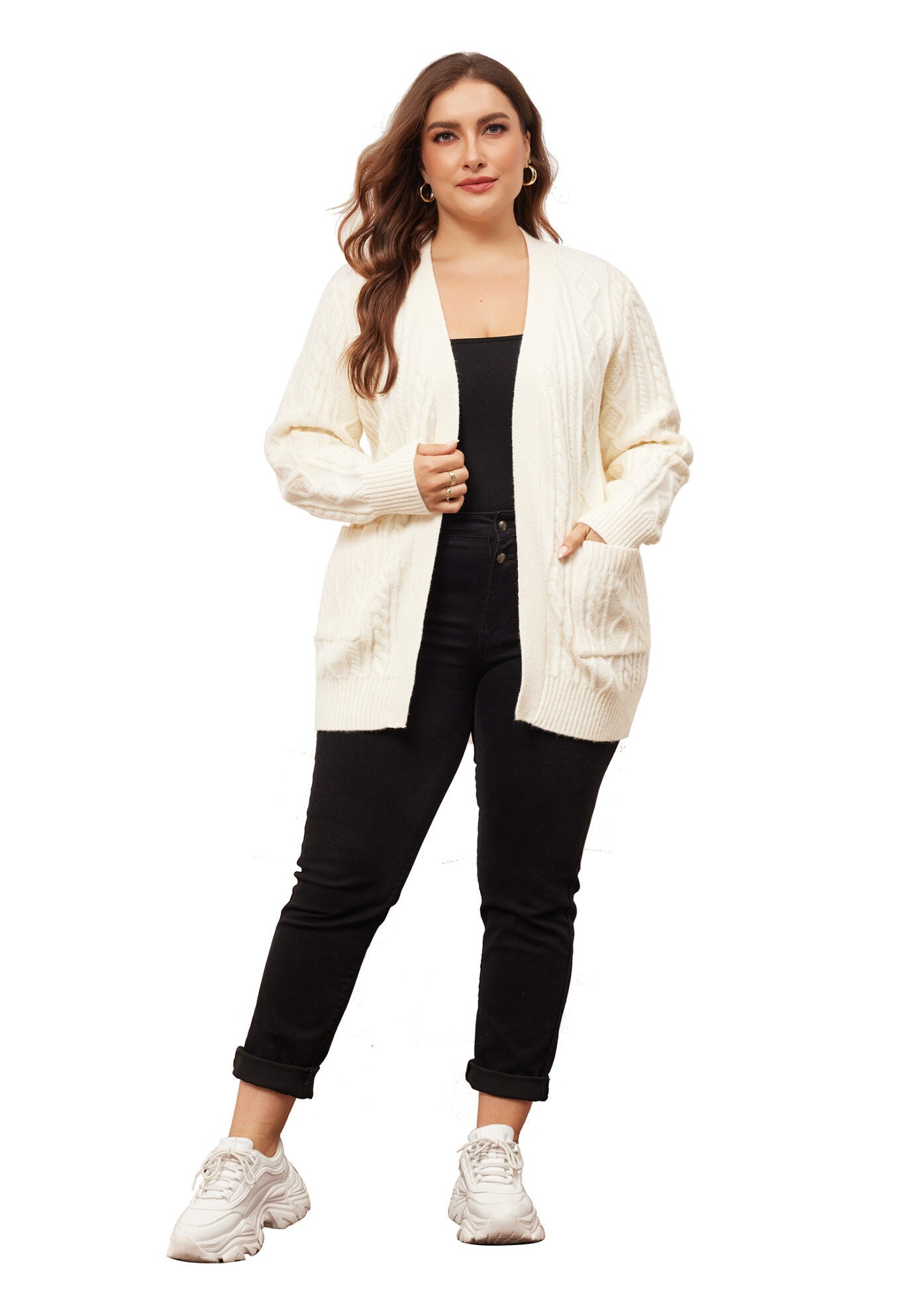 OPEN FRONT LIGHTWEIGHT SWEATER CARDIGAN WITH POCKETS, Apricot / Cream, hi-res image number 0