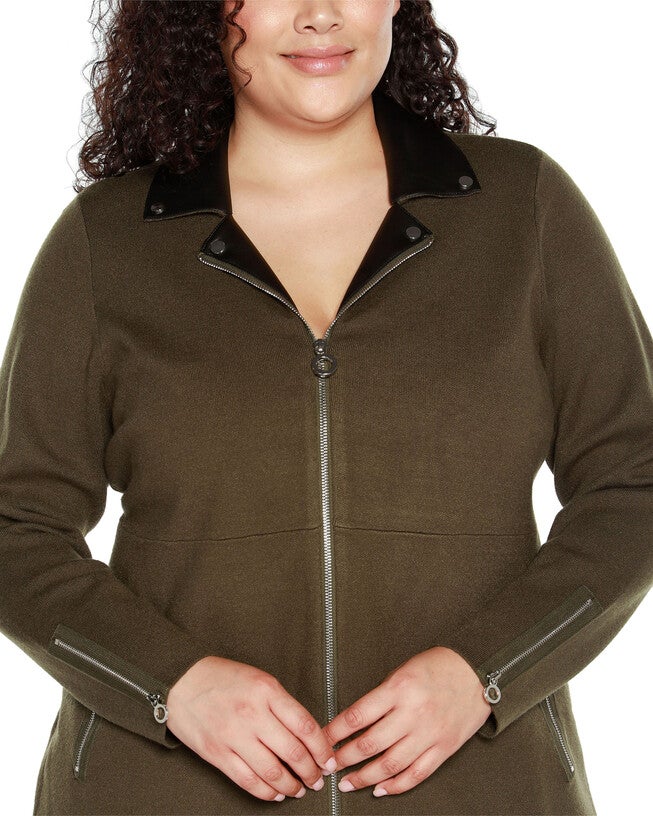 FAUX-LEATHER COLLARED SWEATER JACKET, Burnt Olive / Olive Green, alternate image number 3