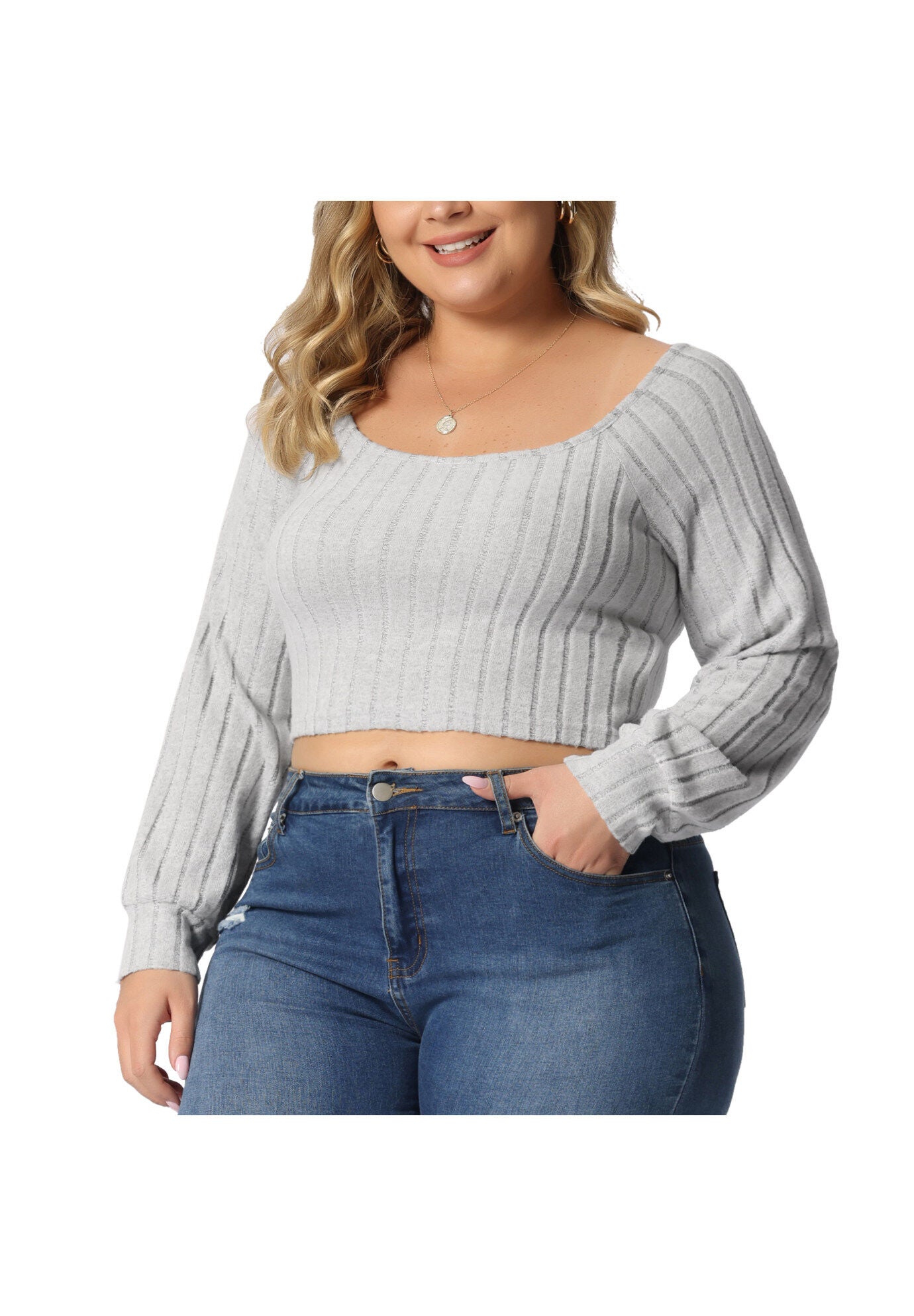 Square Neck Long Sleeve Slim Fitted T-Shirt Crop Tee Top, Gray / Light Green, alternate image number 2