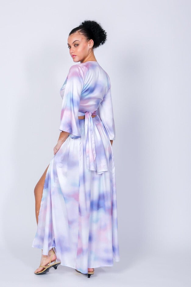 Ashford Simpson Crop Top and Maxi Swing Skirt Two Piece Set, Blue Watercolor / Light Blue, alternate image number 1