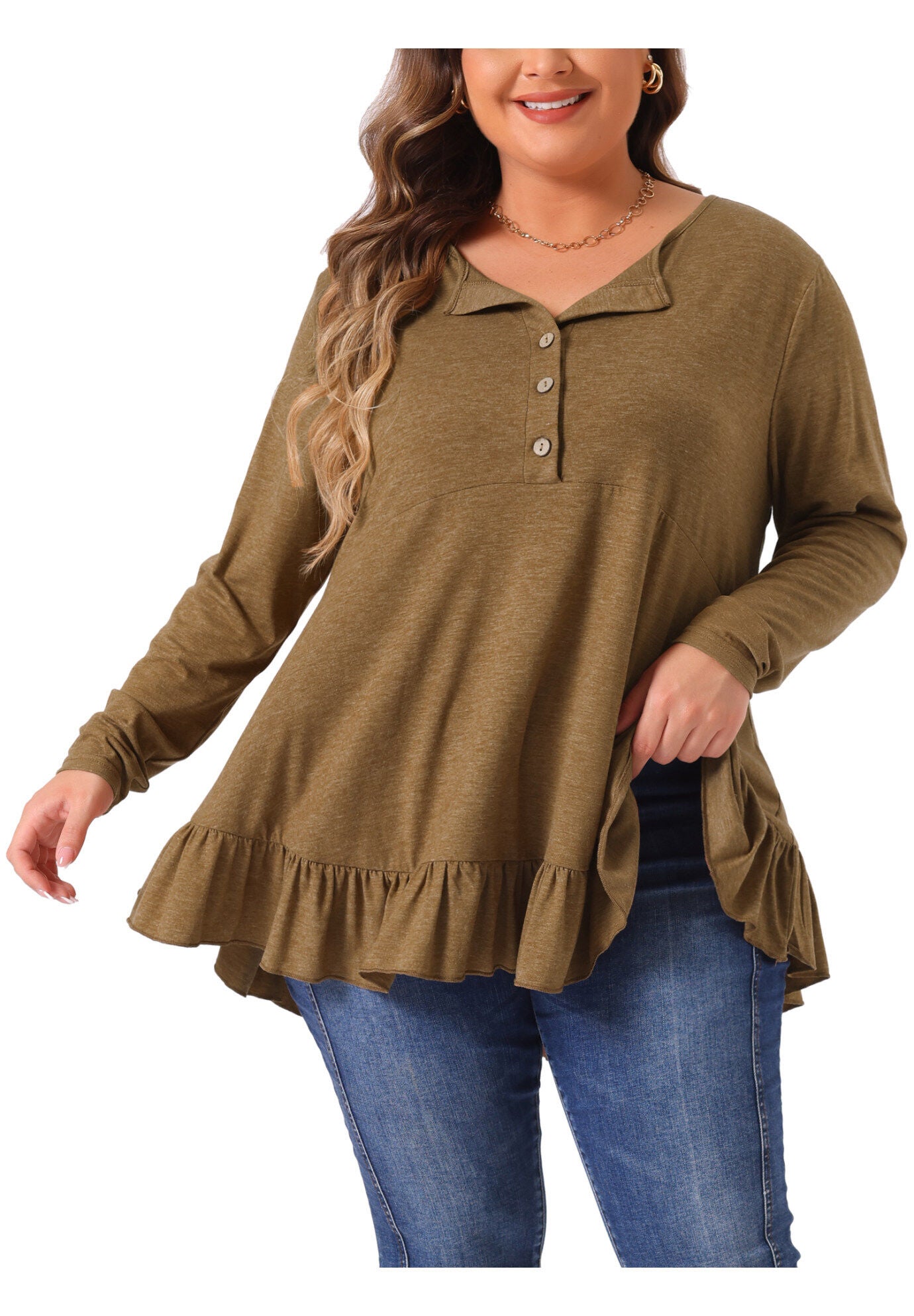Henley V Neck Ruffled Hem Flowy Blouse Tunic, Brown / Brown, alternate image number 1