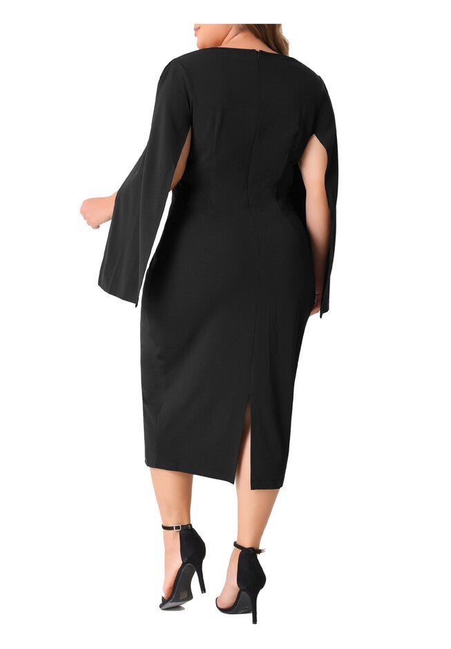 Square Neck Split Long Sleeve Back Slit Bodycon Pencil Dress, Black / Black, alternate image number 3