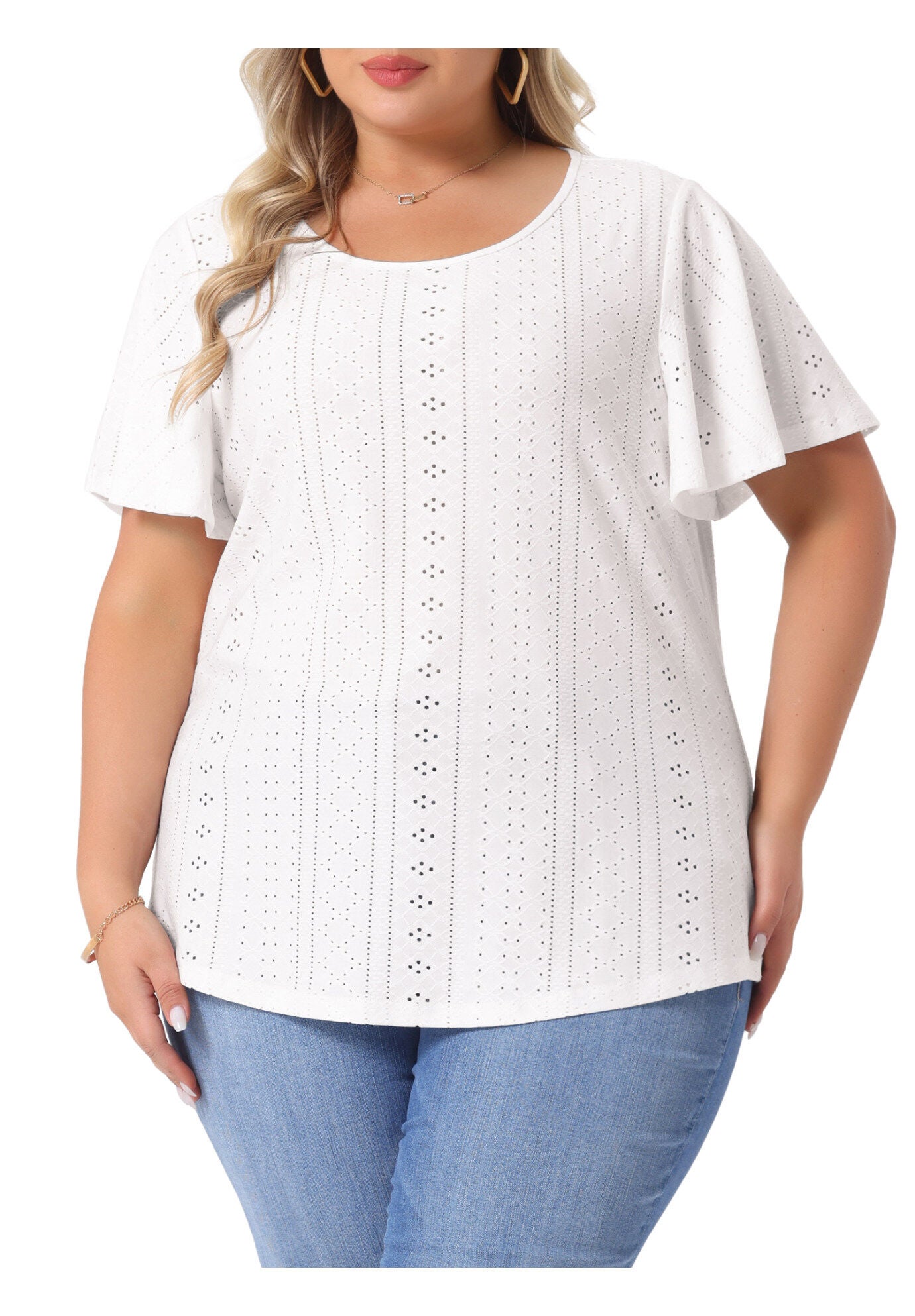 V NECK LOOSE FIT RUFFLE SLEEVE SUMMER HOLLOW TOP, White / White, alternate image number 2