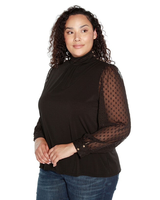 CLIP-DOT CHIFFON SLEEVE KNIT BLOUSE, Black / Black, alternate image number 2