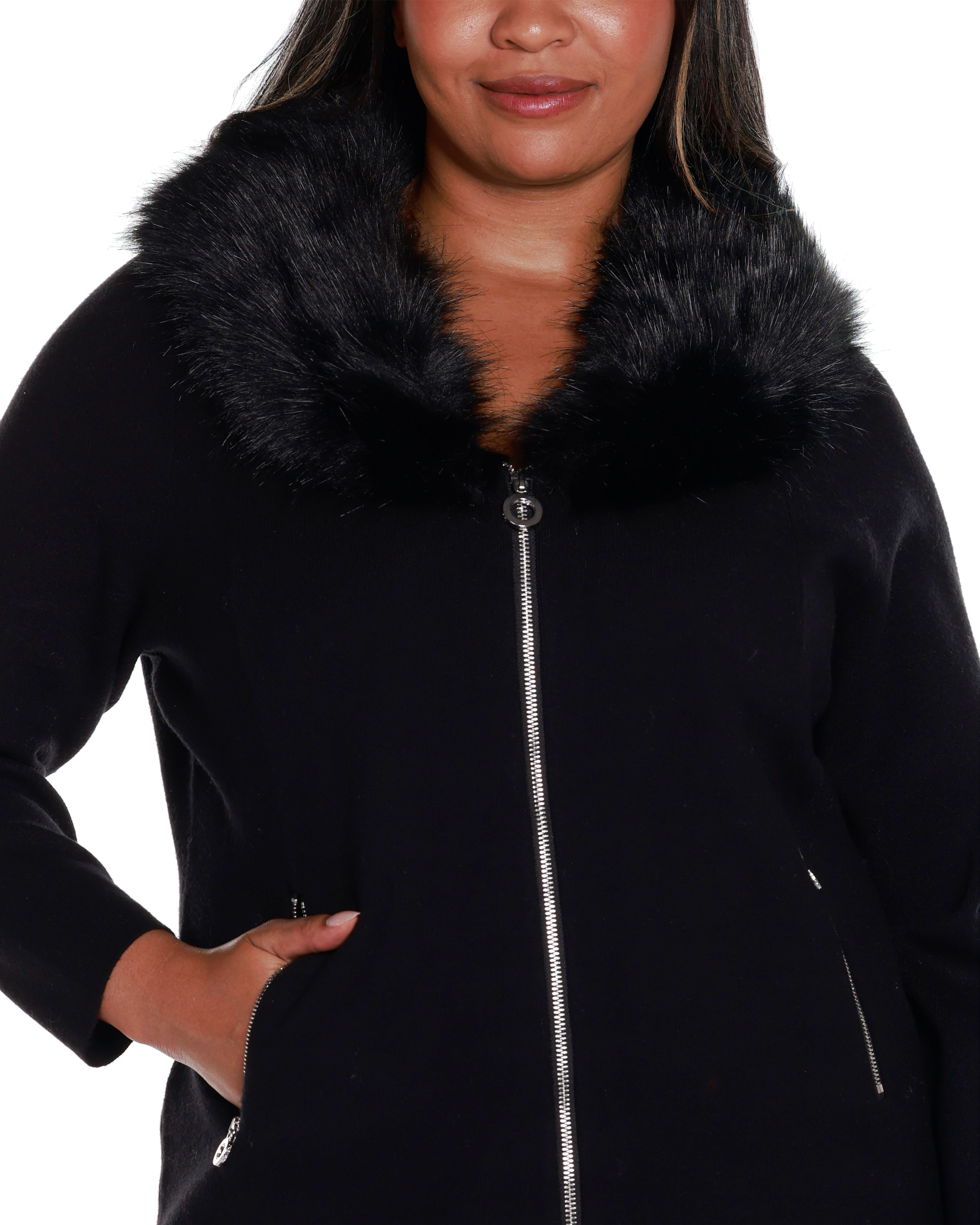FAUX FUR COLLAR SHORT ZIP CARDIGAN SWEATER, Black / Black, alternate image number 3