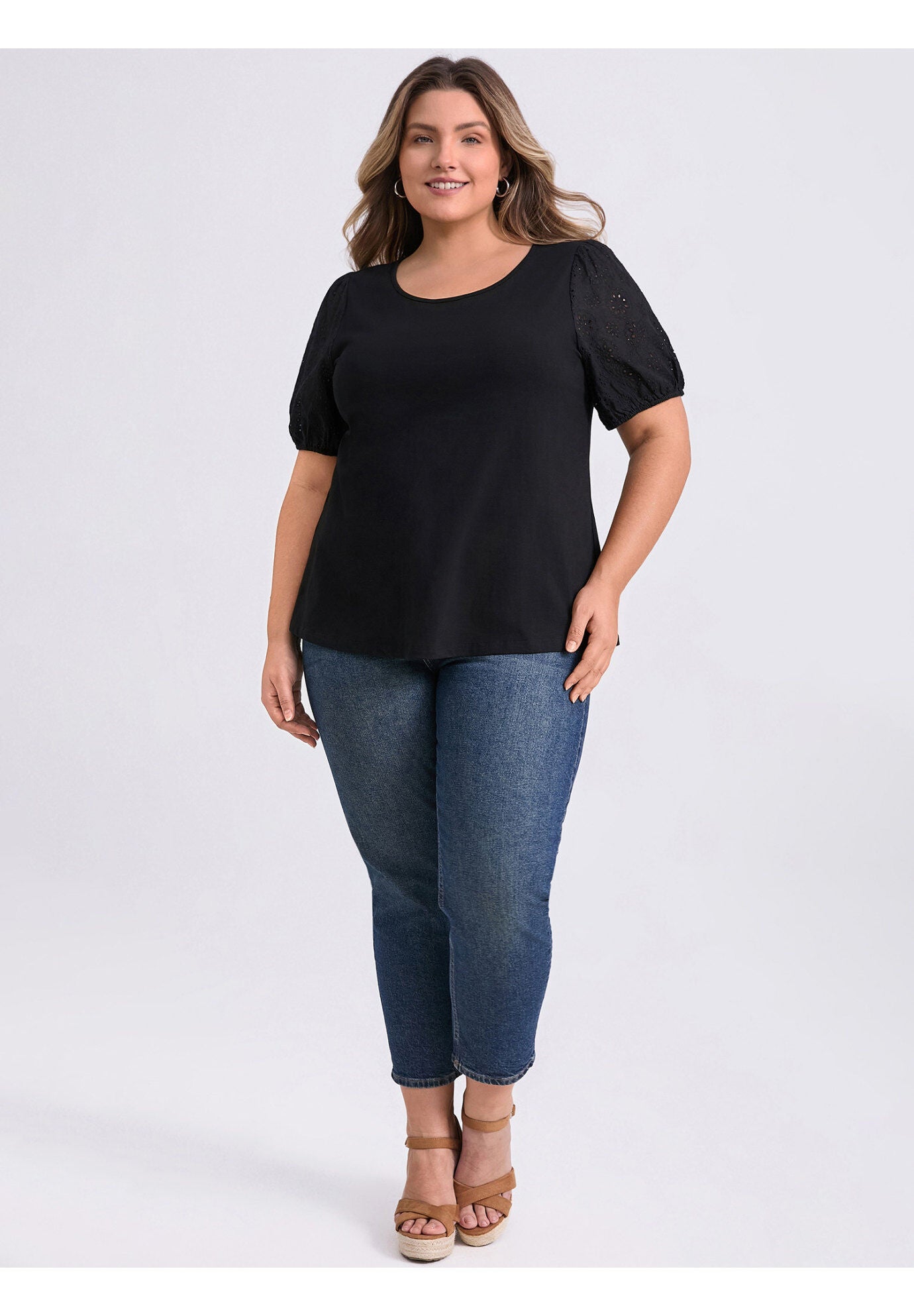 Round Neck Embroidered Panel Hollow Puff Short Sleeve Blouse, Black / Black, alternate image number 1