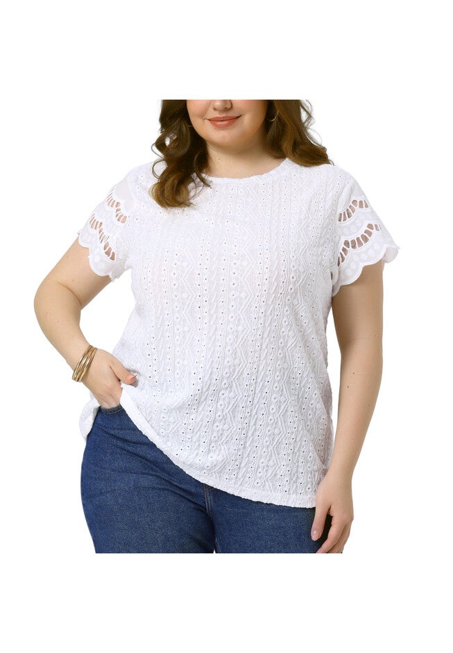 Lace Panel Hollow Short Sleeve Eyelet Top, White / White, alternate image number 2
