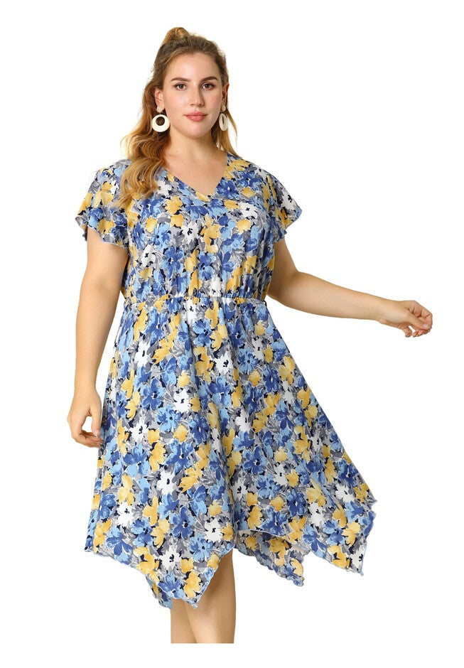 Ruffle Asymmetric High Low Midi Floral Dress, Blue / Light Blue, alternate image number 3