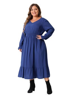 V Neck High Waist Ruffle Long Sleeve Dress with Pockets