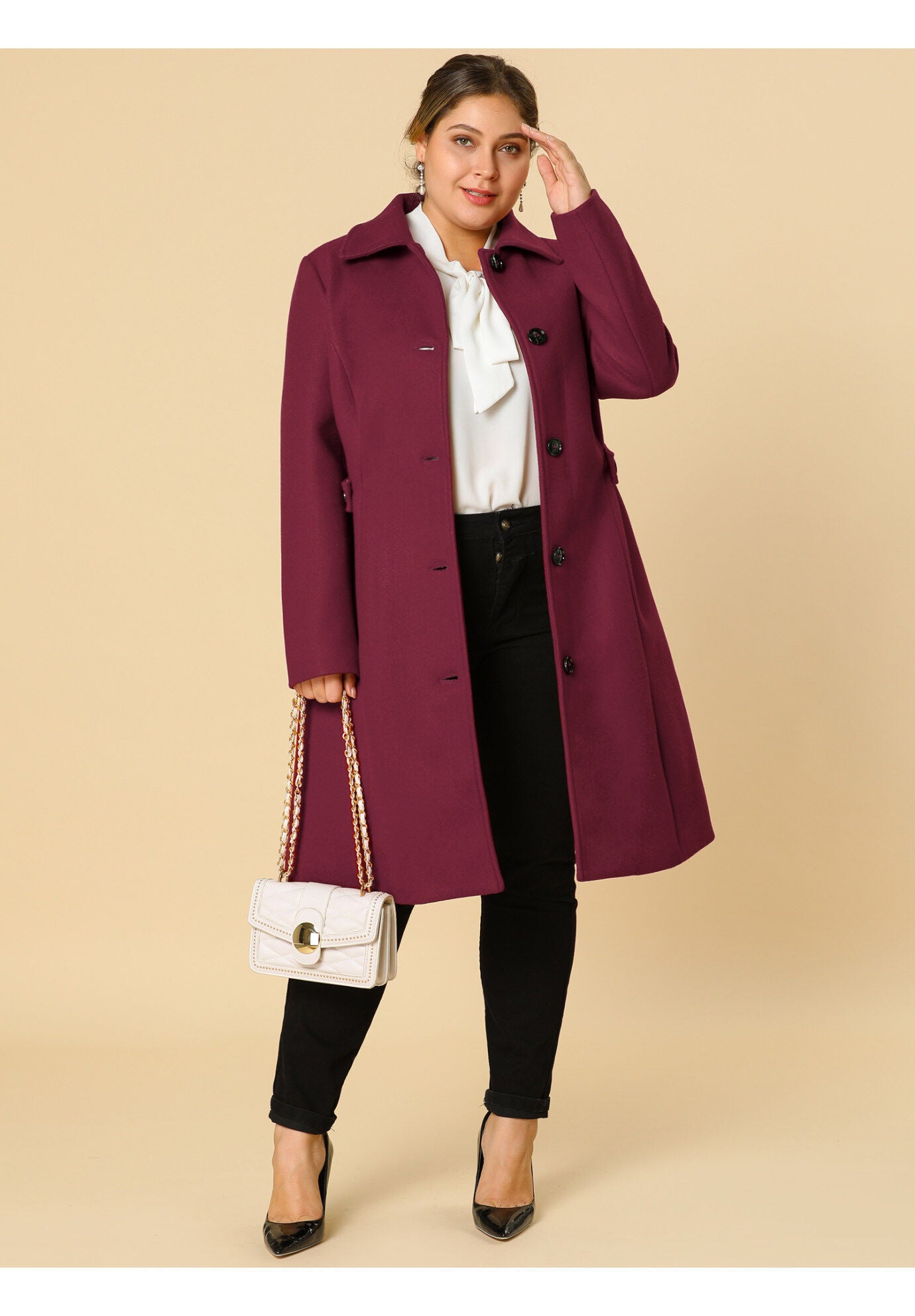 SINGLE BREASTED BELTED WINTER LONG COAT, Burgundy / Red, hi-res image number 0