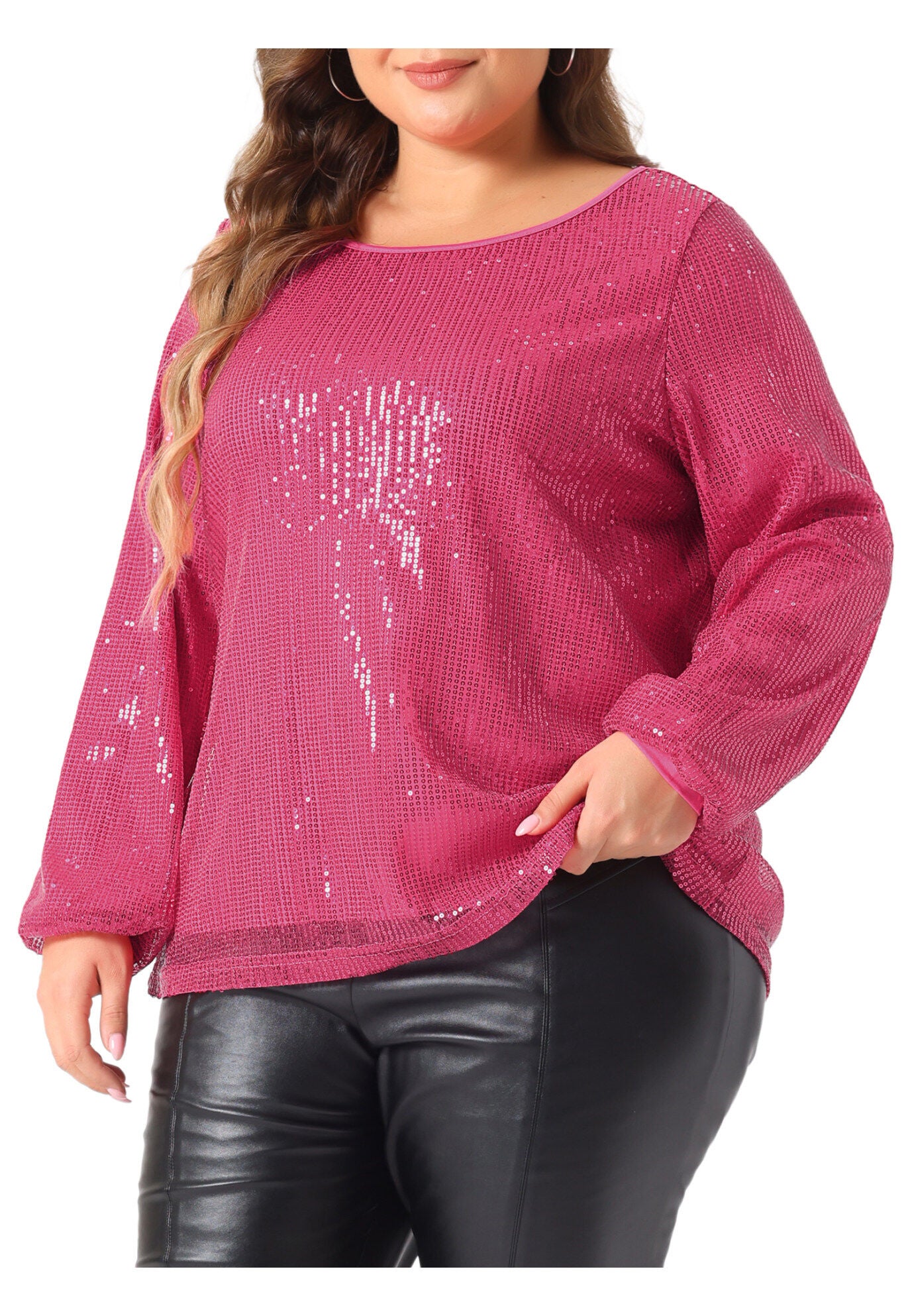 Long Sleeve Glitter Party Sparkly Sequin Top, Hot Pink / Deep Fuchsia, alternate image number 2