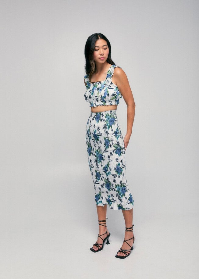 Ruched Floral Midi Skirt, White / White, alternate image number 3