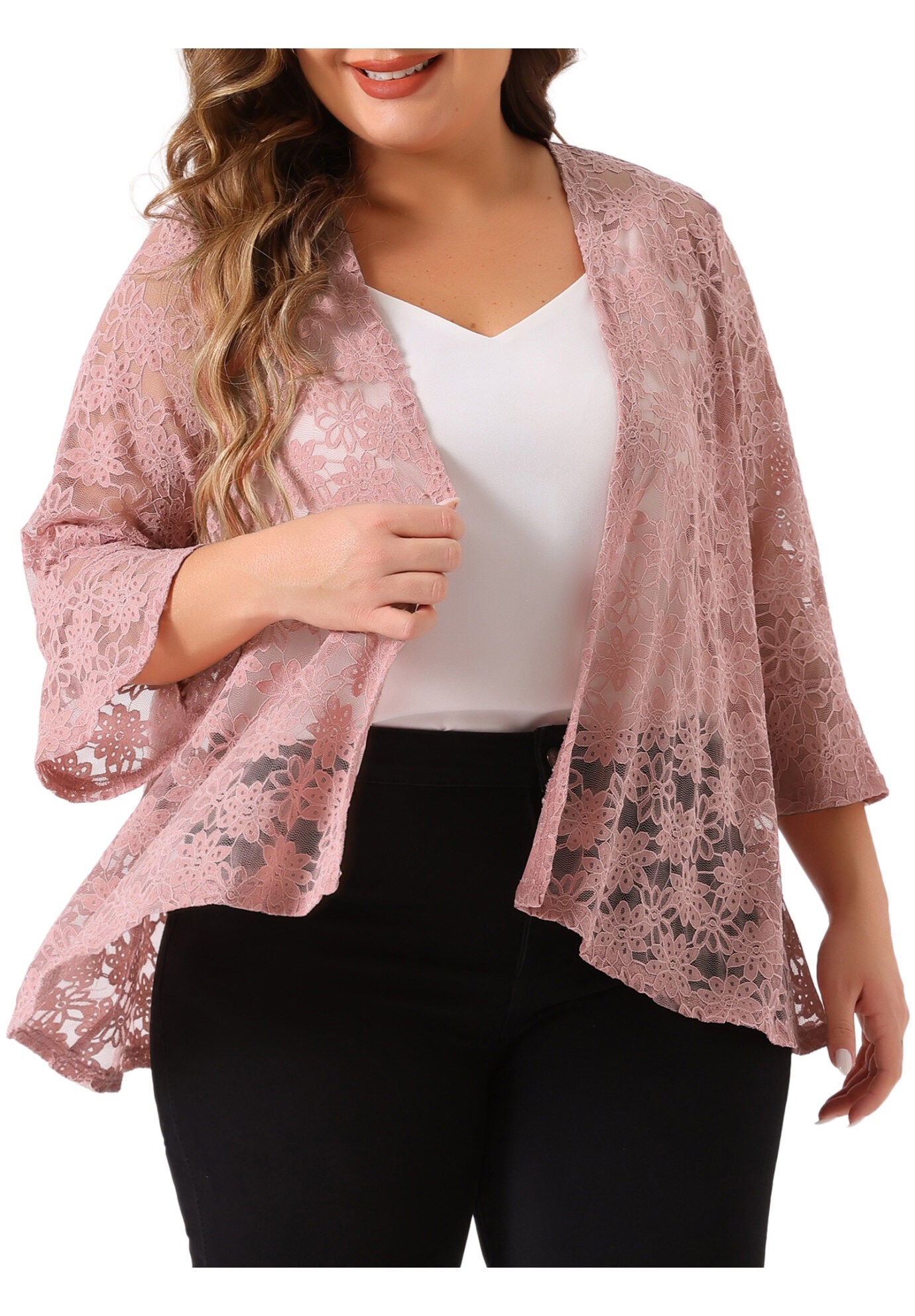 OPEN FRONT 3/4 BELL SLEEVE SHEER LIGHTWEIGHT LACE COVER UP CARDIGAN, Pink / Pink, hi-res image number 0