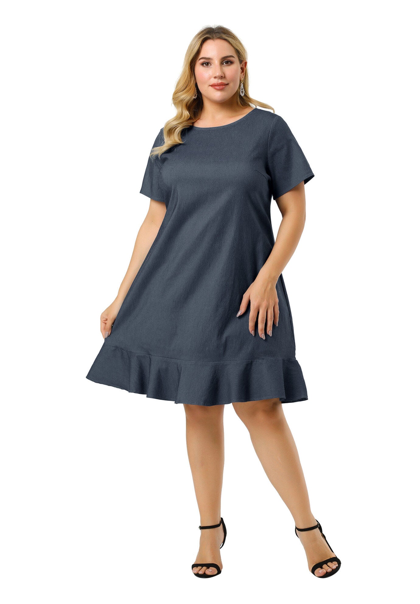 Ruffle Hem Casual Short Sleeve Chambray Dress, Dark Blue / Navy, alternate image number 3