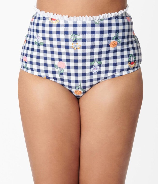 Unique Vintage Navy Gingham & Floral Cape May Swim Bottoms, Blue Gingham Floral Plaid / Navy, alternate image number 2