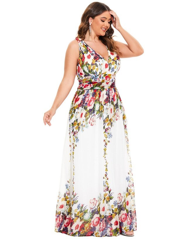 Pleated Sleeveless V-Neck Chiffon Maxi Dress, Printed Cream / Cream, alternate image number 3