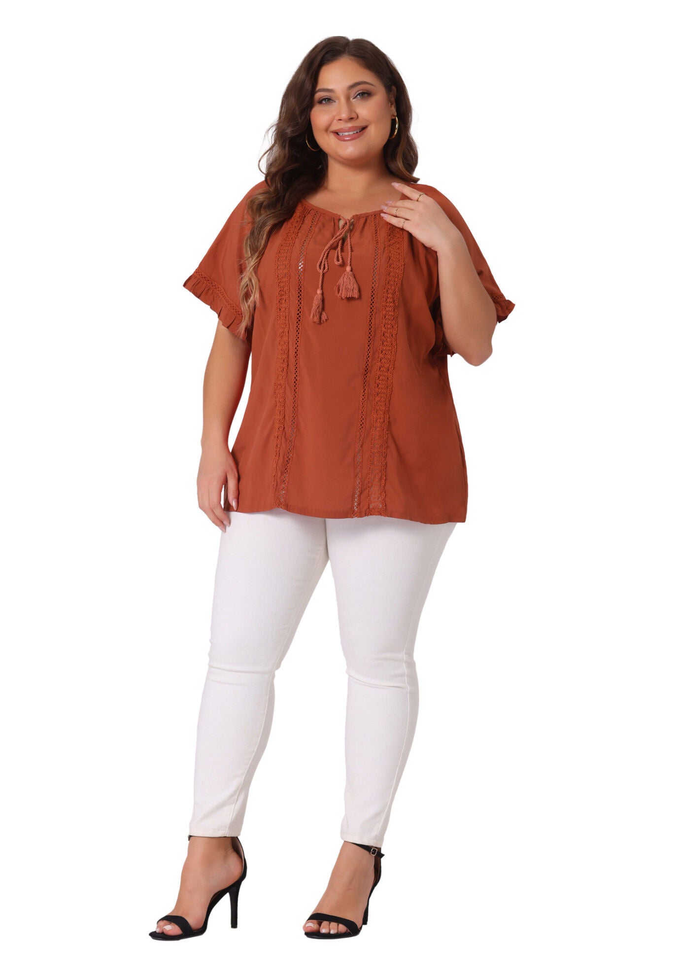 TIE NECK RUFFLE SHORT SLEEVE LACE CROCHET BLOUSE TOP, Caramel / Brown, hi-res image number 0