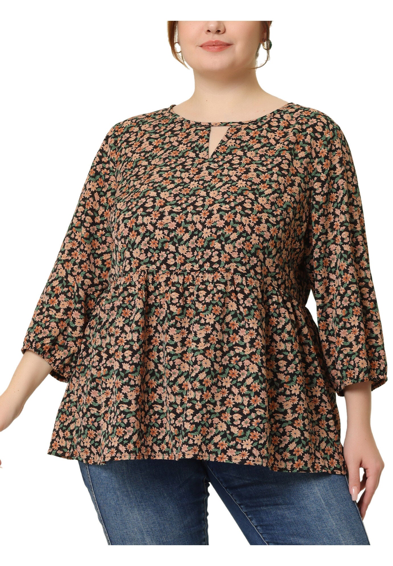 3/4 Sleeves Babydoll Chiffon Keyhole Floral Flowy Top Blouse, Black Beige / Beige, alternate image number 2
