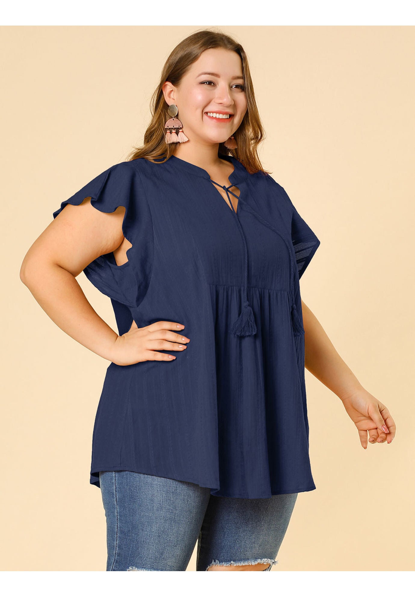 V NECK TASSEL SELF TIE FLUTTER BLOUSE, Navy Blue / Navy, alternate image number 3